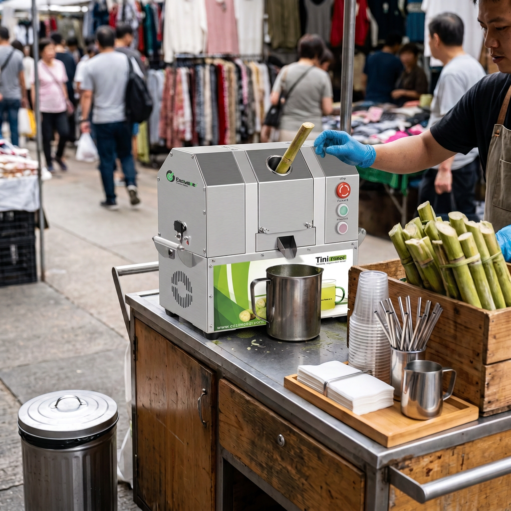 Organized street-vendor setup for a commercial sugarcane juice machine