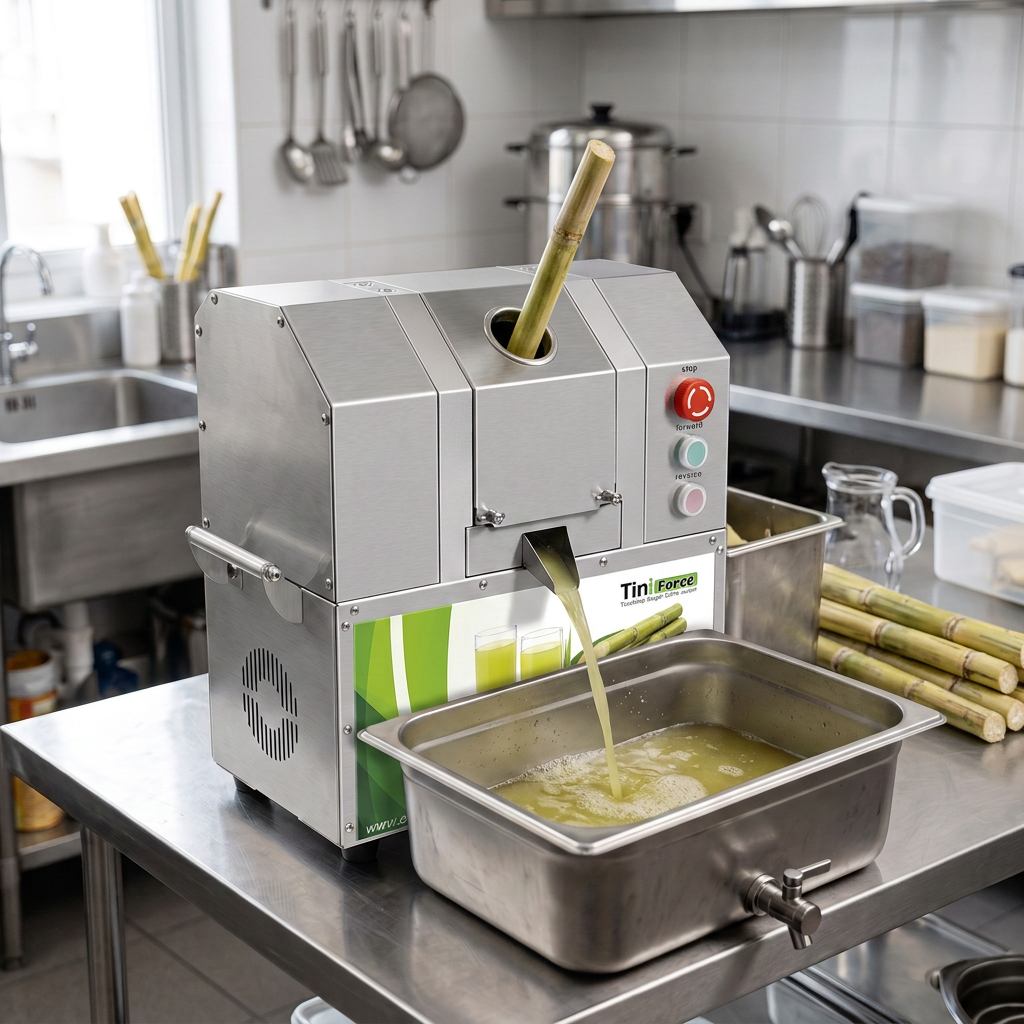 Detail of a commercial sugarcane juice machine with guarded roller area