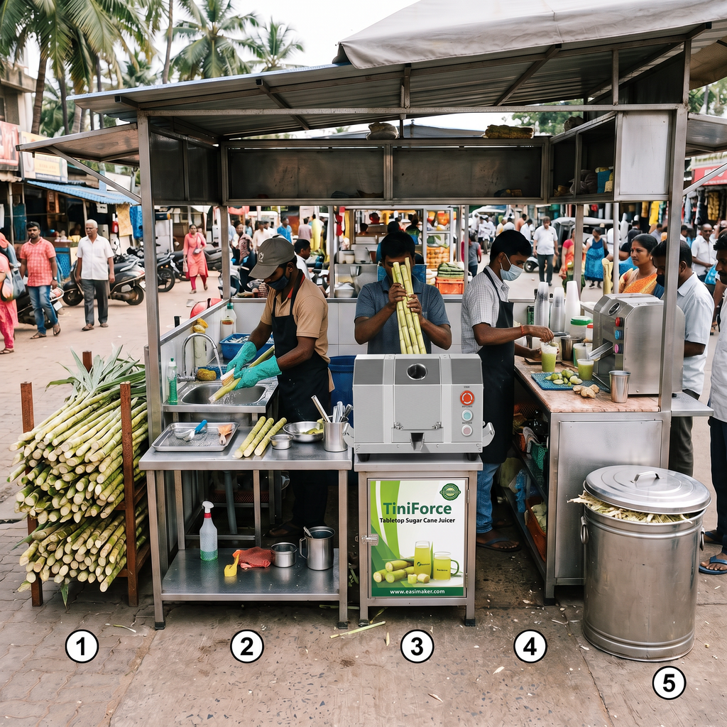 Street sugarcane juice stall with separate preparation, pressing, serving and waste zones