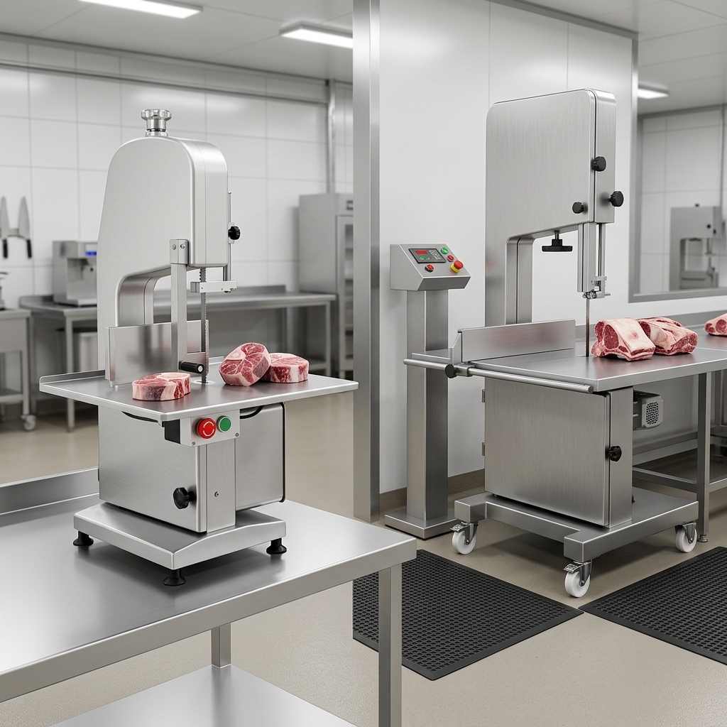 Tabletop and floor commercial bone saws in separate hygienic food-processing workstations