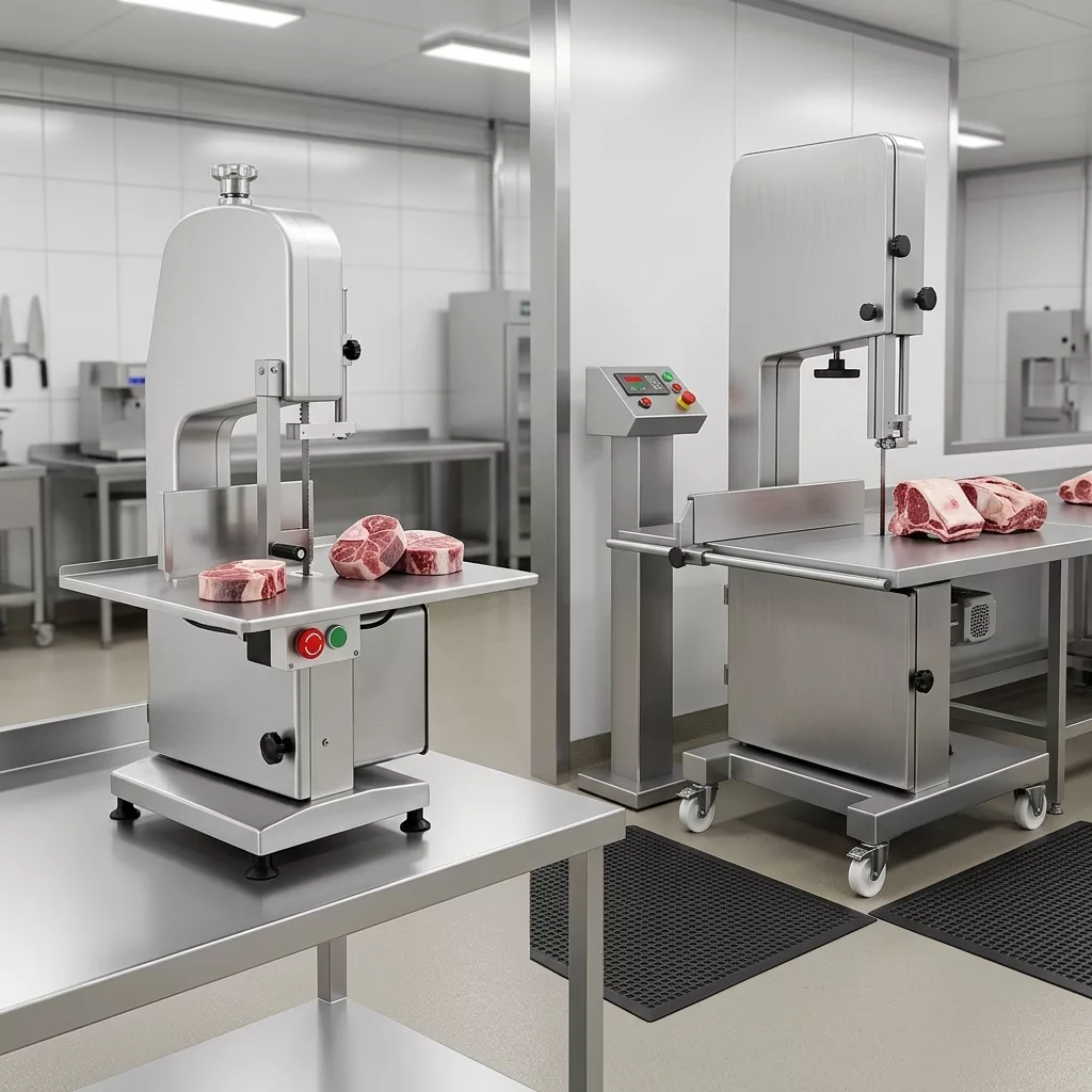 Tabletop and floor commercial bone saws in separate hygienic food-processing workstations