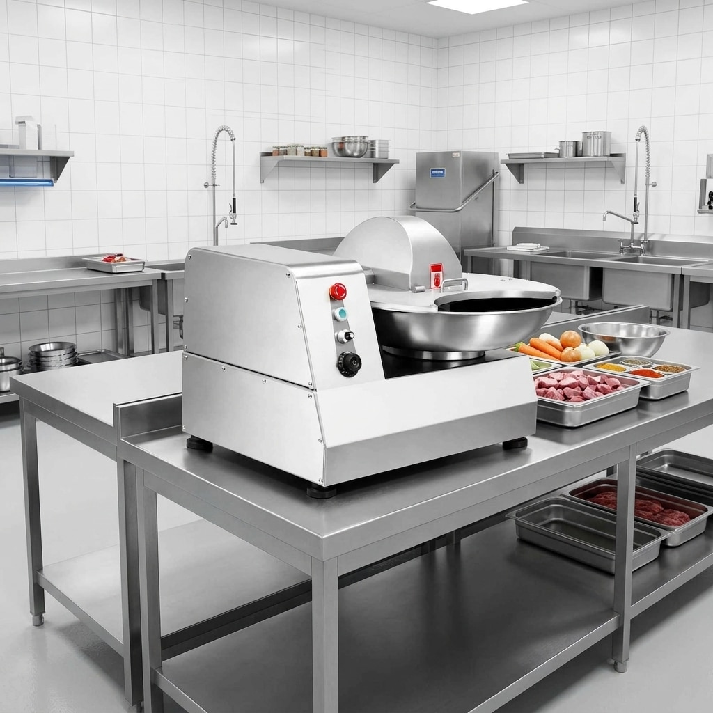 Commercial bowl cutter installed in an organised food processing kitchen