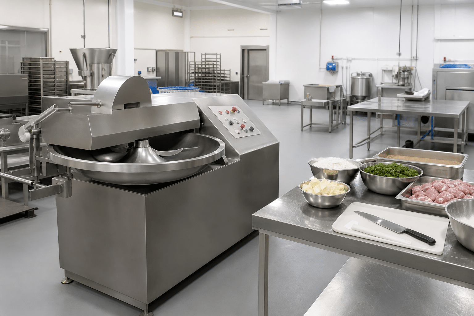 Commercial bowl cutter installed in an organised food processing kitchen