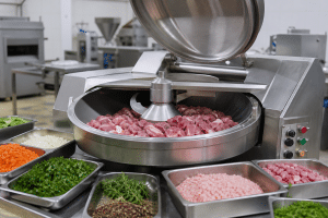 Commercial bowl cutter with prepared meat and vegetable ingredients in a food processing workspace