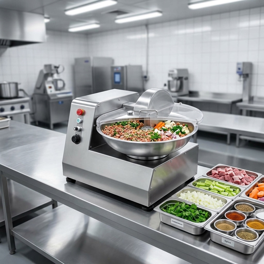 Commercial bowl cutter with prepared meat and vegetable ingredients in a food processing workspace