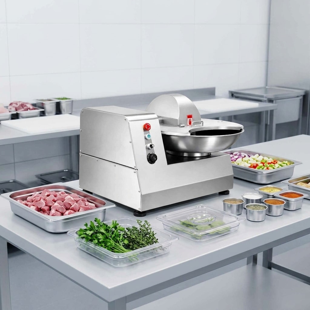 Commercial bowl cutter with suitable meat, vegetables, herbs, and seasonings ready for processing