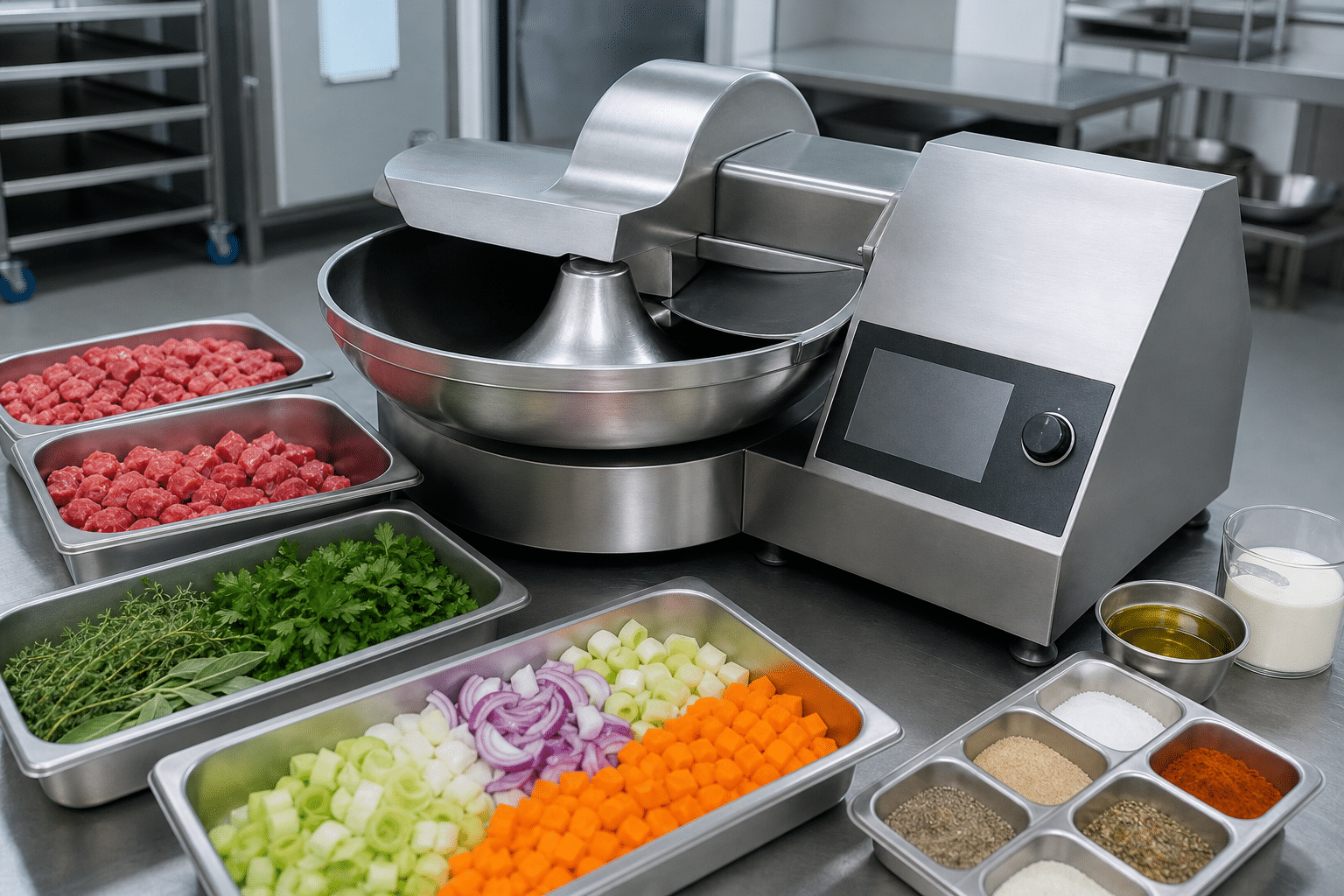 Commercial bowl cutter with suitable meat, vegetables, herbs, and seasonings ready for processing