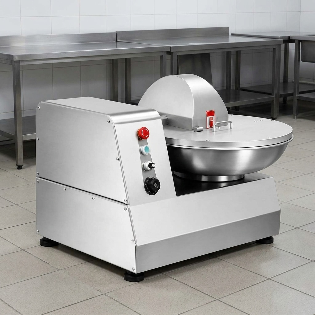 Commercial bowl cutter in a clean food production setting
