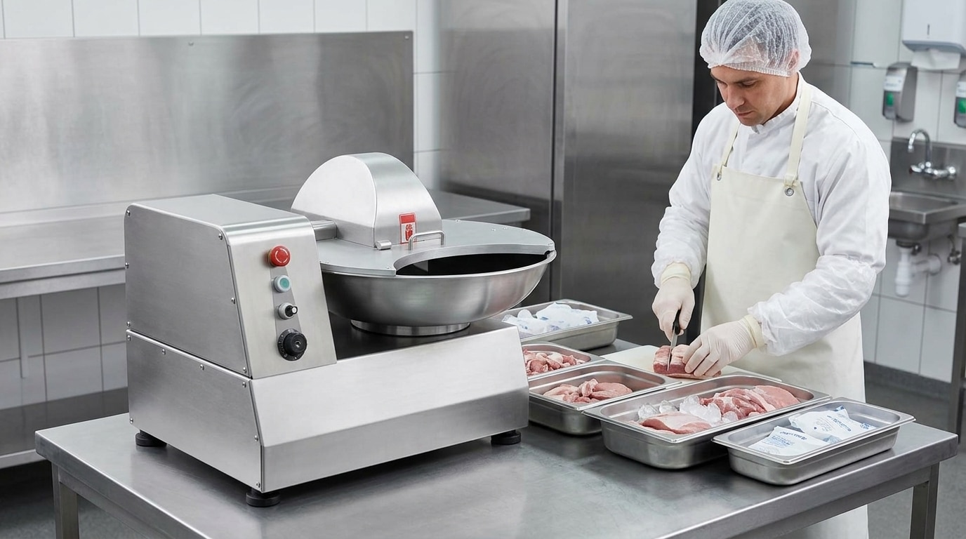 Chilled trimmed meat prepared for commercial bowl cutter processing