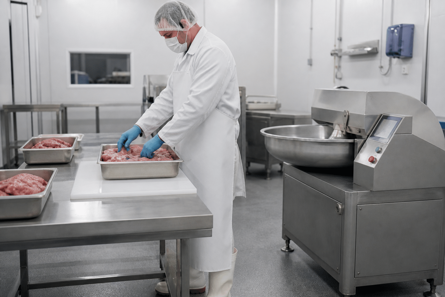 Chilled trimmed meat prepared for commercial bowl cutter processing