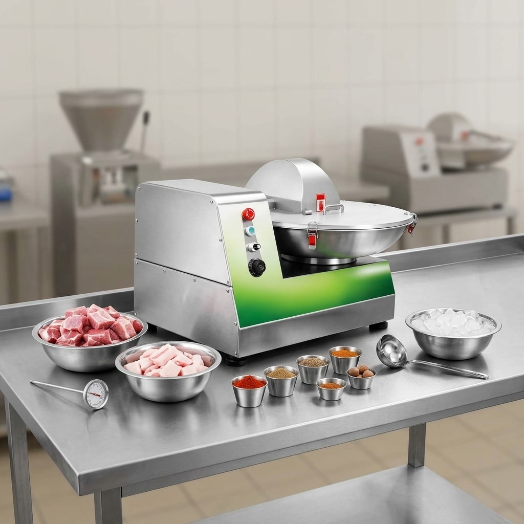 Measured ingredients for sausage meat preparation with a commercial bowl cutter