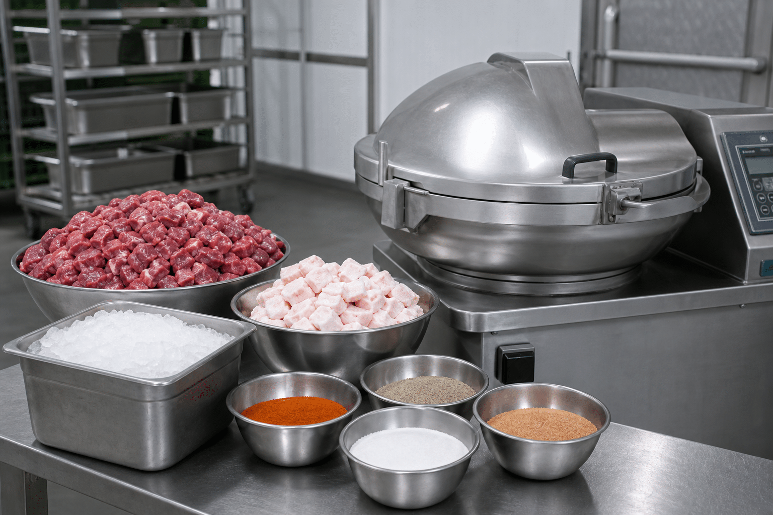 Measured ingredients for sausage meat preparation with a commercial bowl cutter