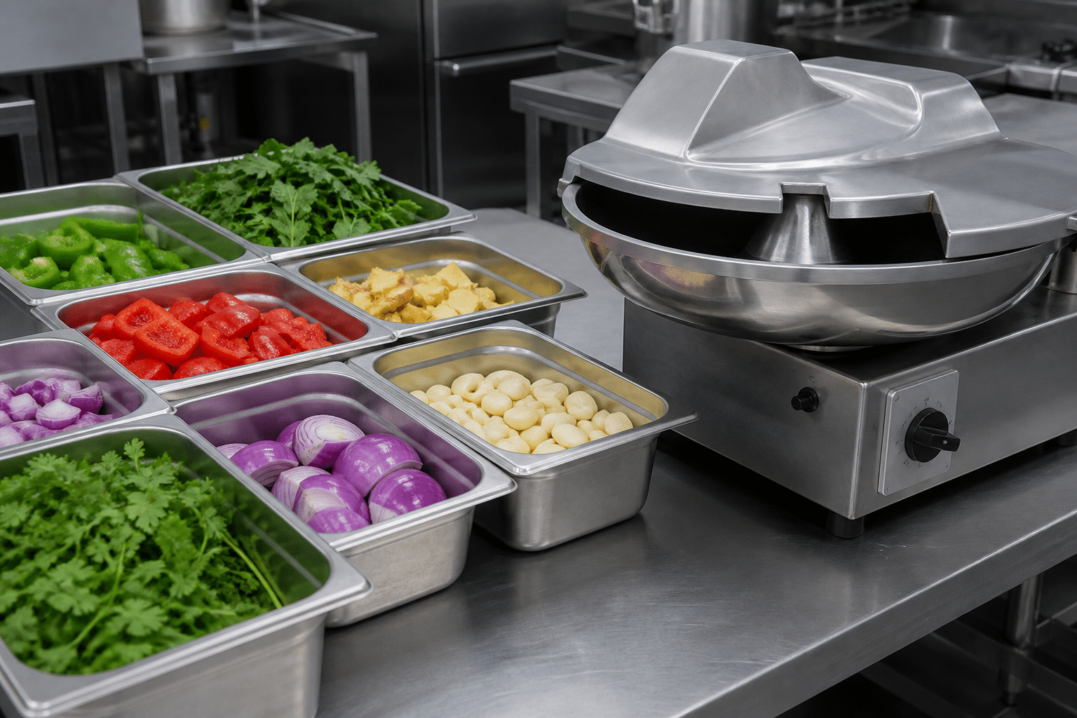 Vegetables, herbs, and aromatics prepared for bowl cutter processing
