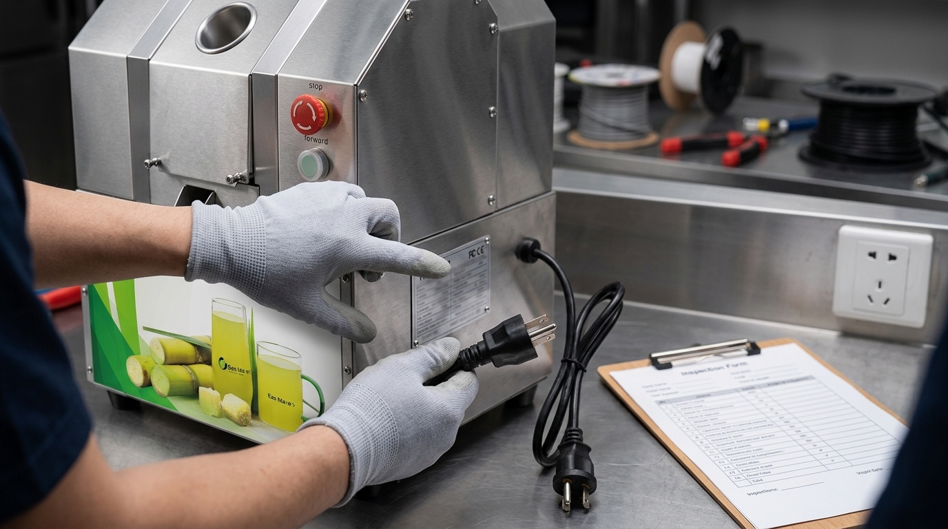 Technician checking a commercial sugarcane juicer nameplate