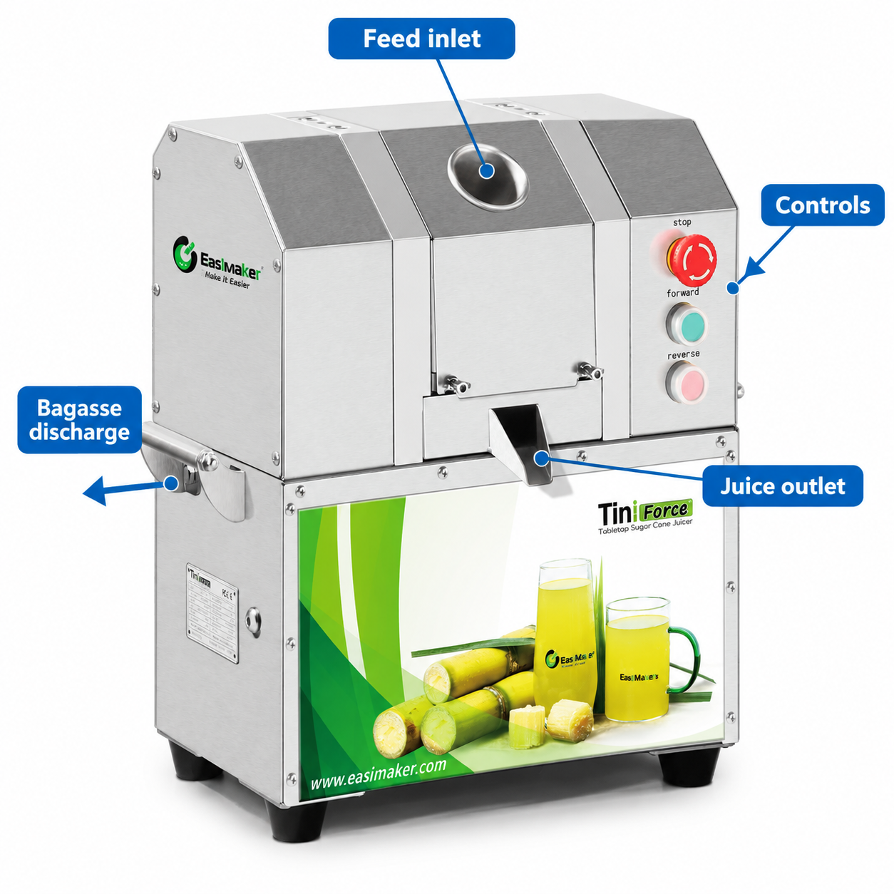 Commercial sugarcane juicer orientation showing feed inlet, juice outlet, controls, and bagasse discharge direction