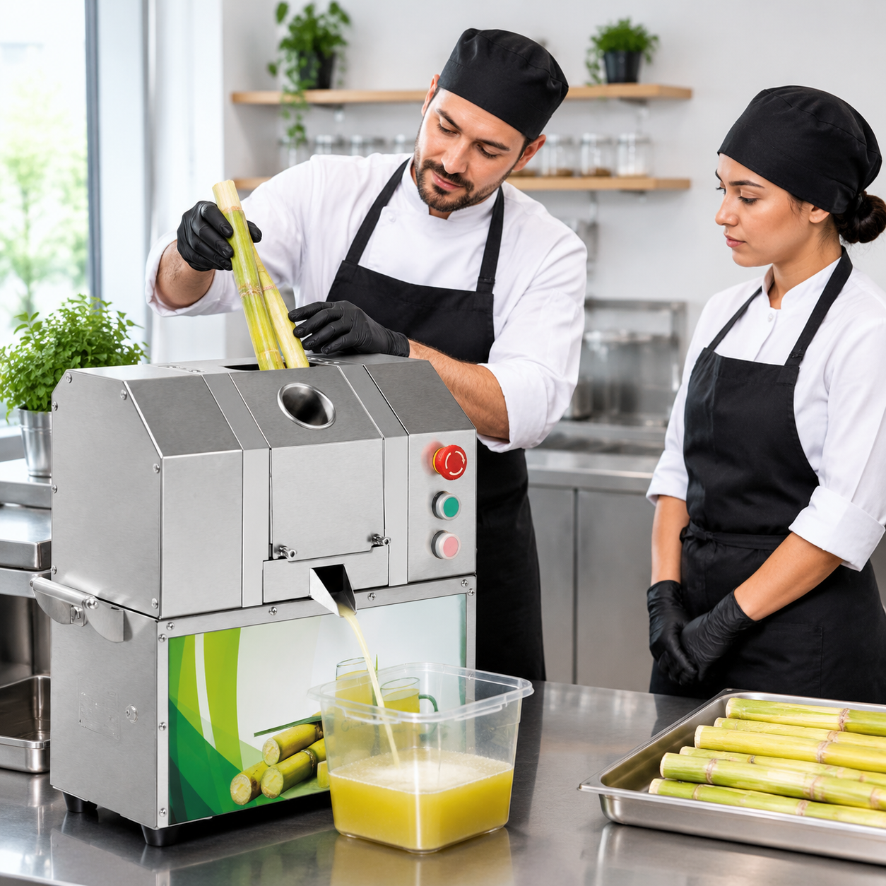 Supervisor demonstrating safe sugarcane juicer operation to a trainee