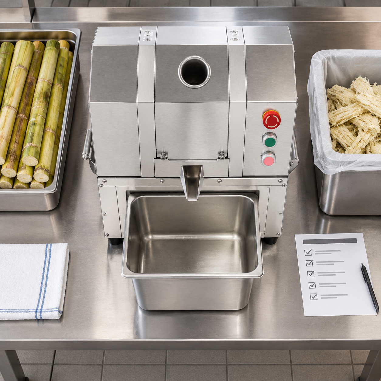 Daily pre-start safety checklist beside a commercial sugarcane juice machine