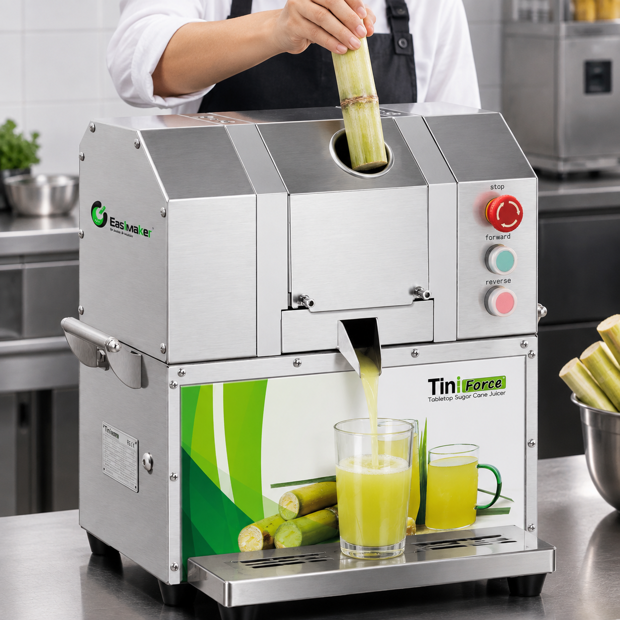Safe feeding technique for a commercial sugarcane juicer with hands clear of the inlet