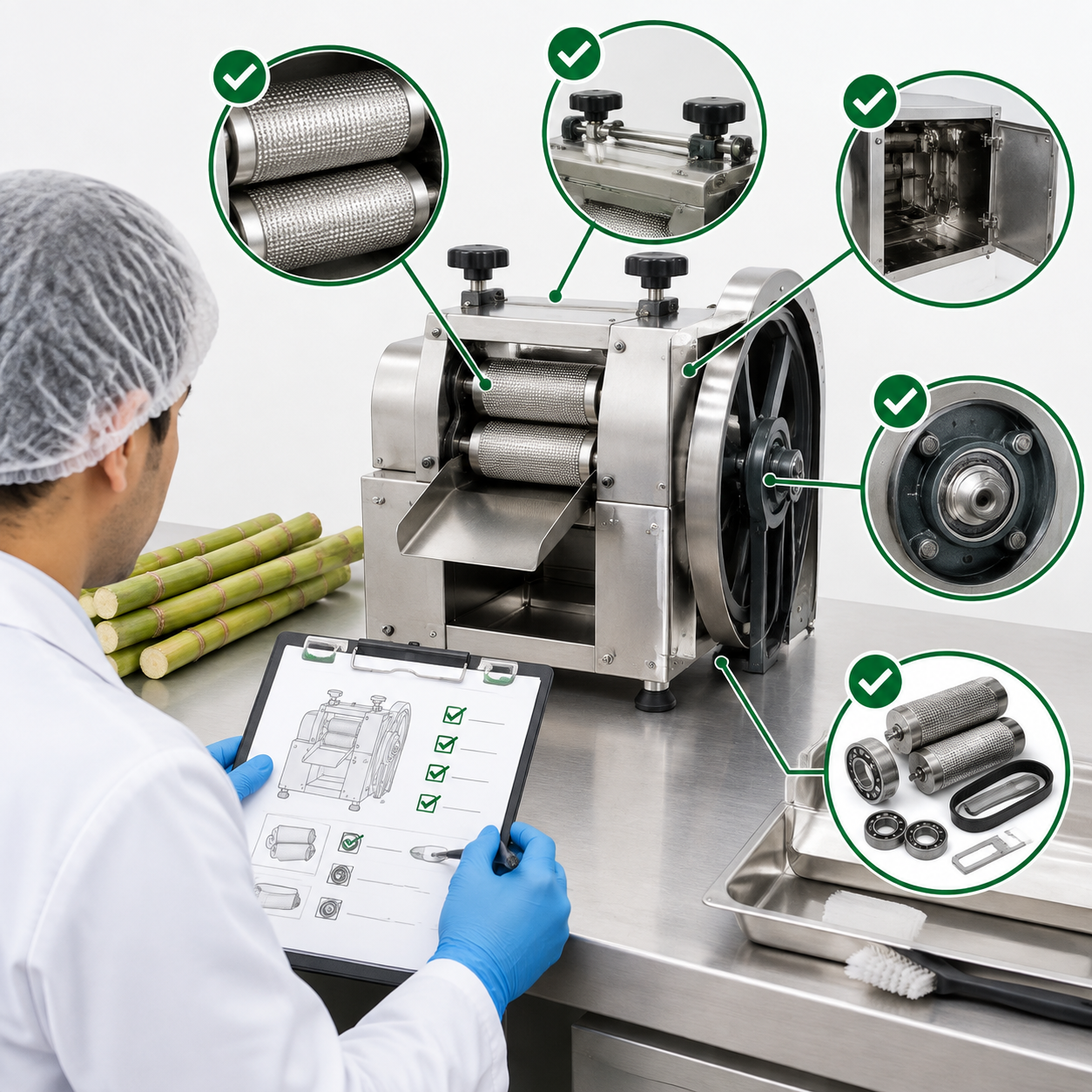 Commercial sugarcane juicer roller inspection checklist illustration