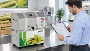 Procurement professional evaluating a commercial sugarcane juicer supplier using machine documentation and a checklist.