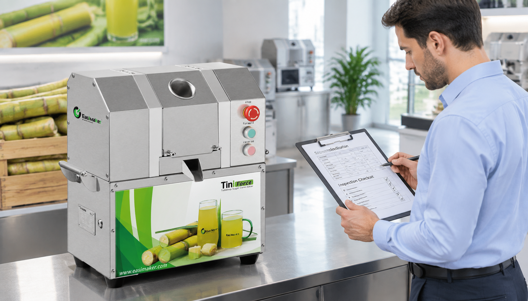Procurement professional evaluating a commercial sugarcane juicer supplier using machine documentation and a checklist.