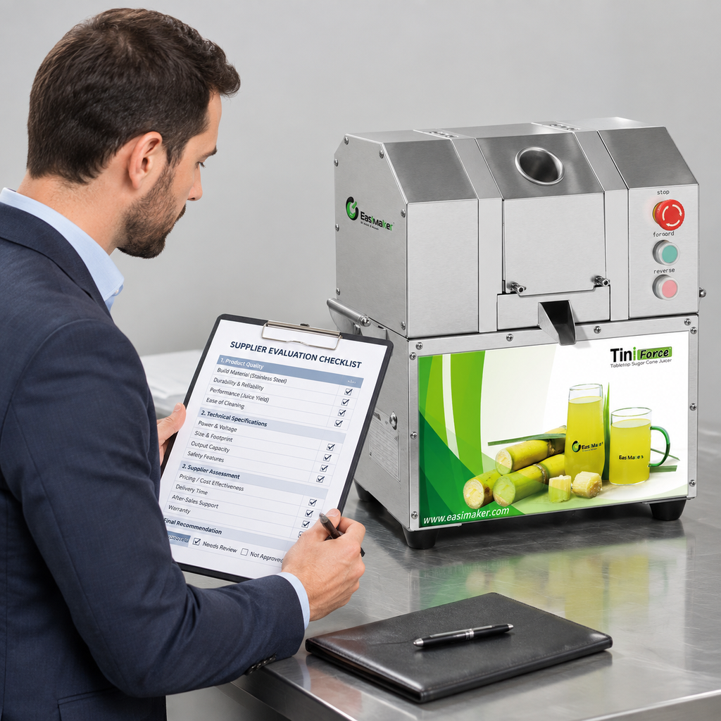 Buyer comparing a commercial sugarcane juicer against a supplier evaluation checklist.
