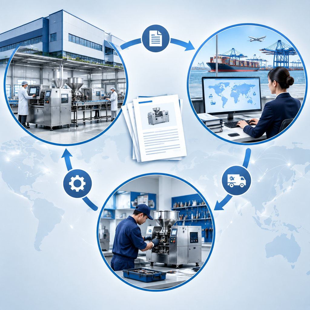 Illustration of manufacturer, exporter, and distributor roles in commercial equipment supply.