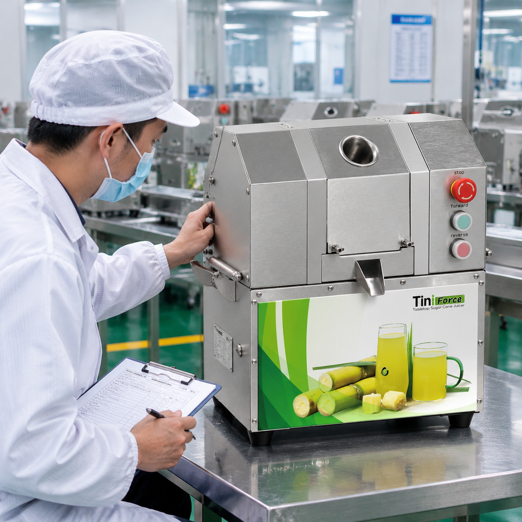 Technician carrying out a pre-shipment quality check on a commercial sugarcane juicer.