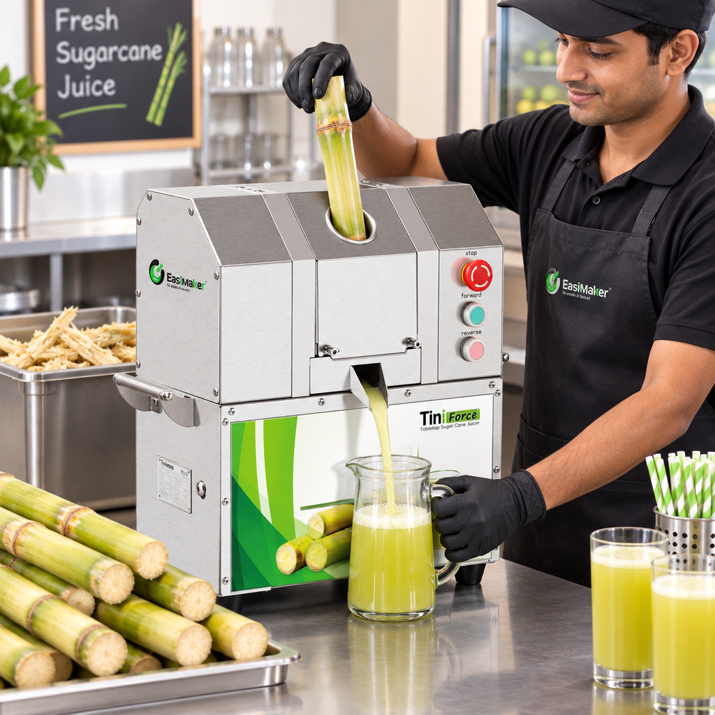 Commercial sugarcane juicer workflow showing front feeding, front juice collection, and rear bagasse clearance.