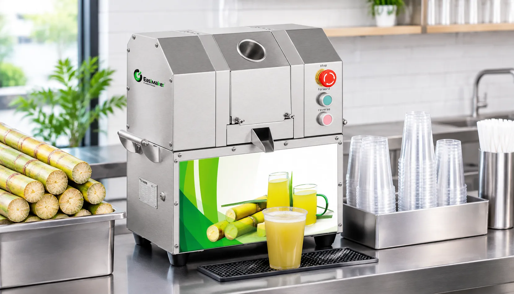 Compact commercial sugarcane juicer positioned on a planned small-shop counter workstation