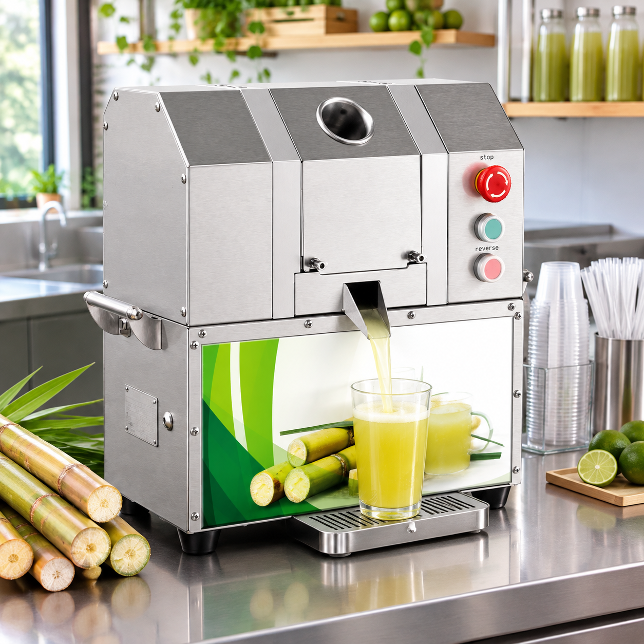 Compact commercial sugarcane juicer with clear front access on a small shop counter