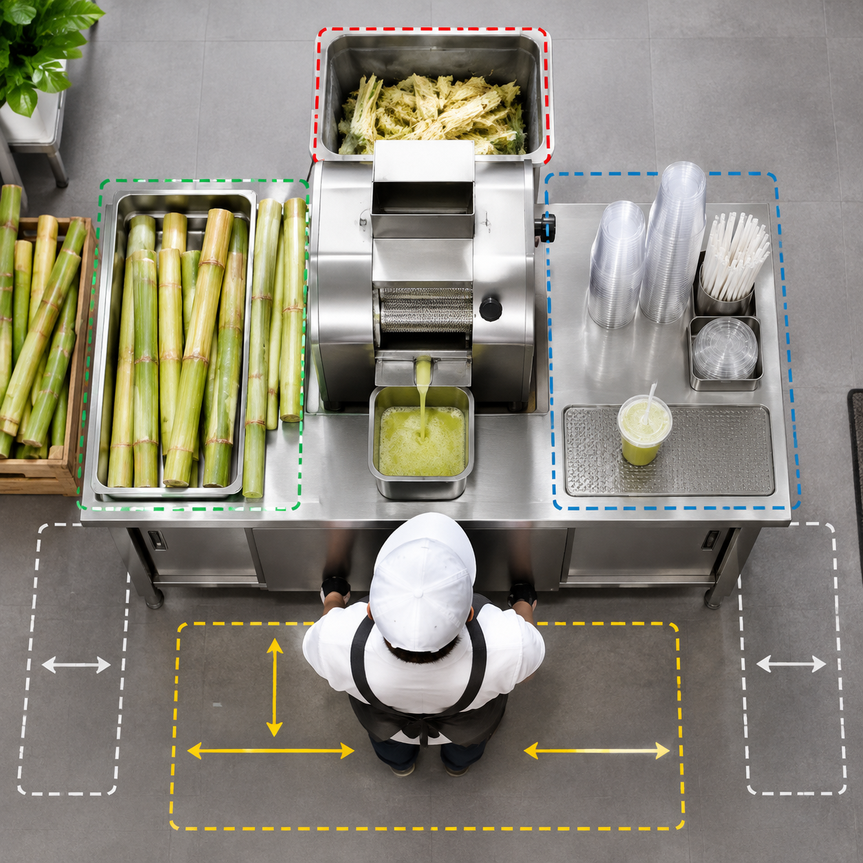 Top-down view of a small sugarcane juice workstation with space for cane, cups, and bagasse