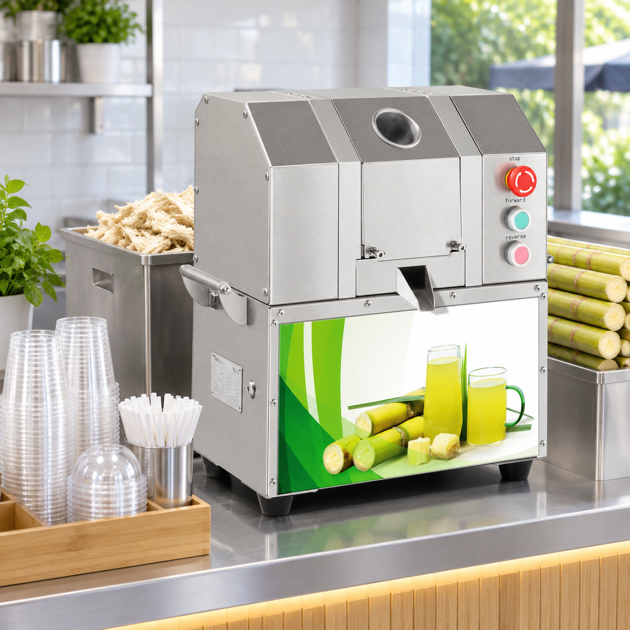 Commercial sugarcane juicer station with separate takeaway service and bagasse collection areas