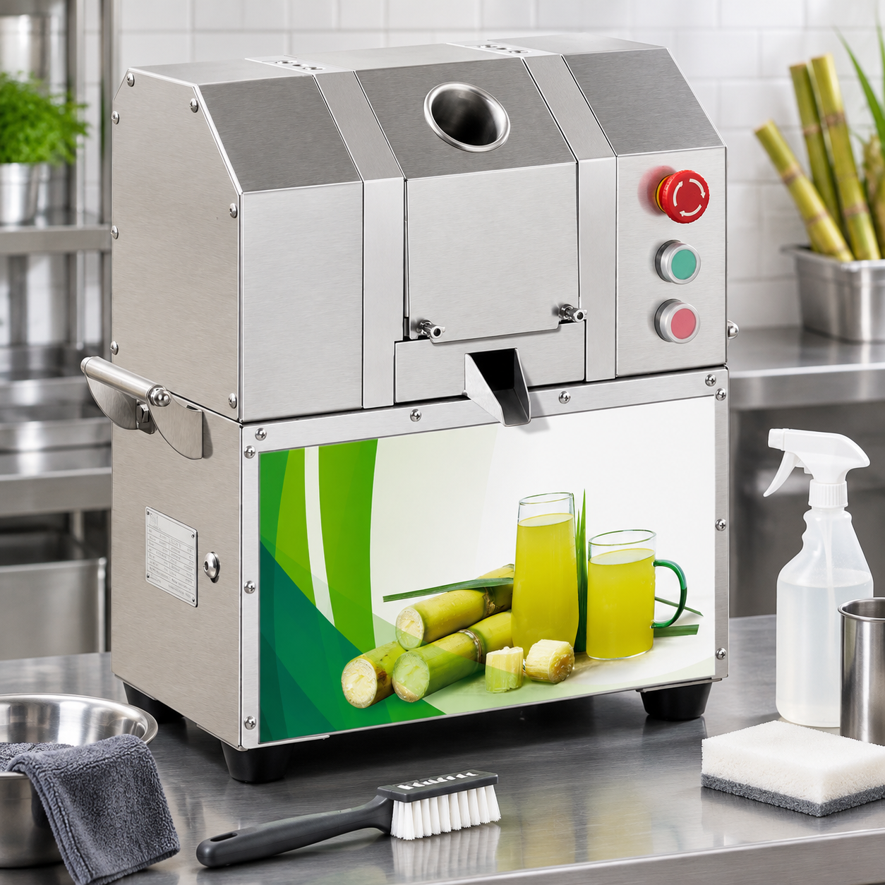 Accessible commercial sugarcane juicer station prepared for daily cleaning and inspection