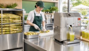 Commercial sugarcane juice workflow from cane preparation to fresh juice service