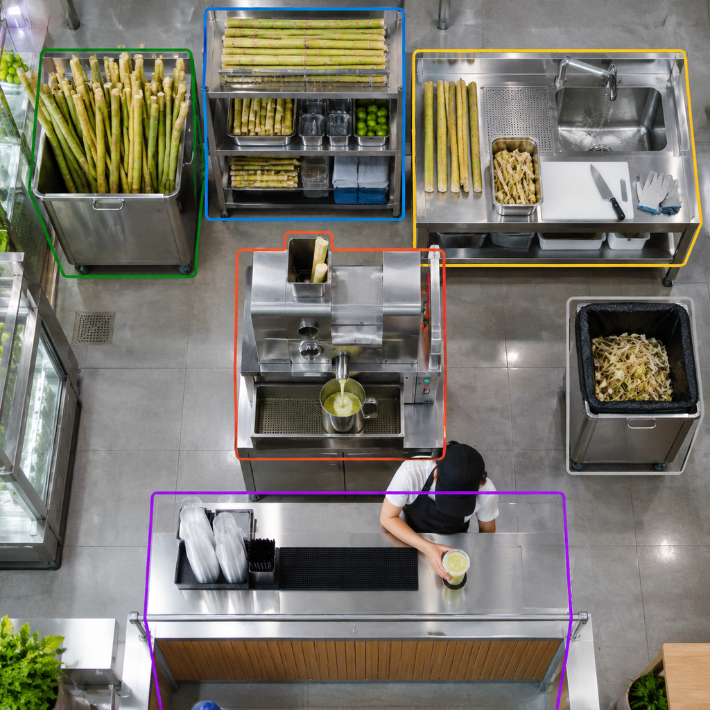 One-way workflow zones in a commercial sugarcane juice shop