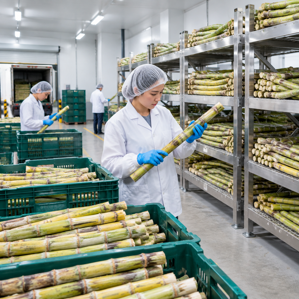 Sugarcane delivery inspection and elevated storage for a juice shop