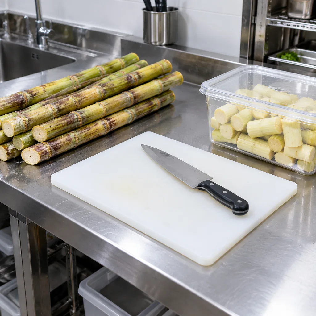 Dedicated preparation station with trimmed sugarcane ready for juicing
