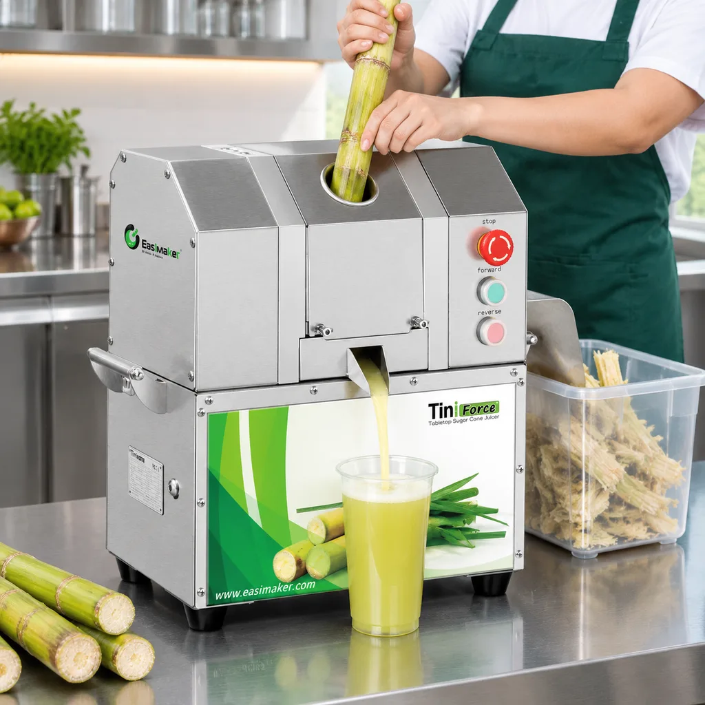 Commercial sugarcane juicer dispensing fresh juice at a clean service counter