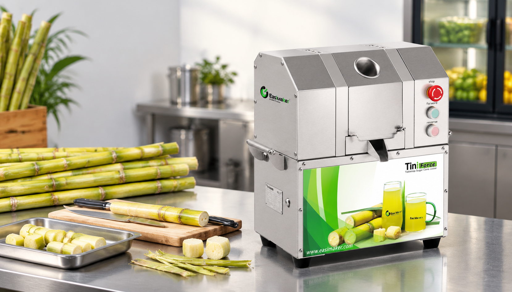 Prepared sugarcane sections beside a commercial sugarcane juicing machine