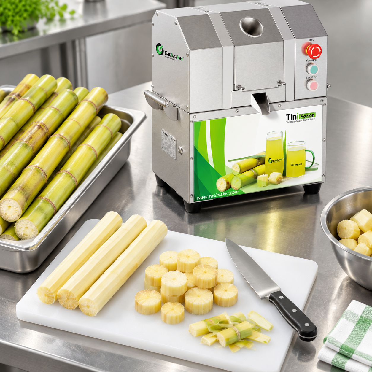 Whole and trimmed sugarcane prepared for a commercial juicing machine