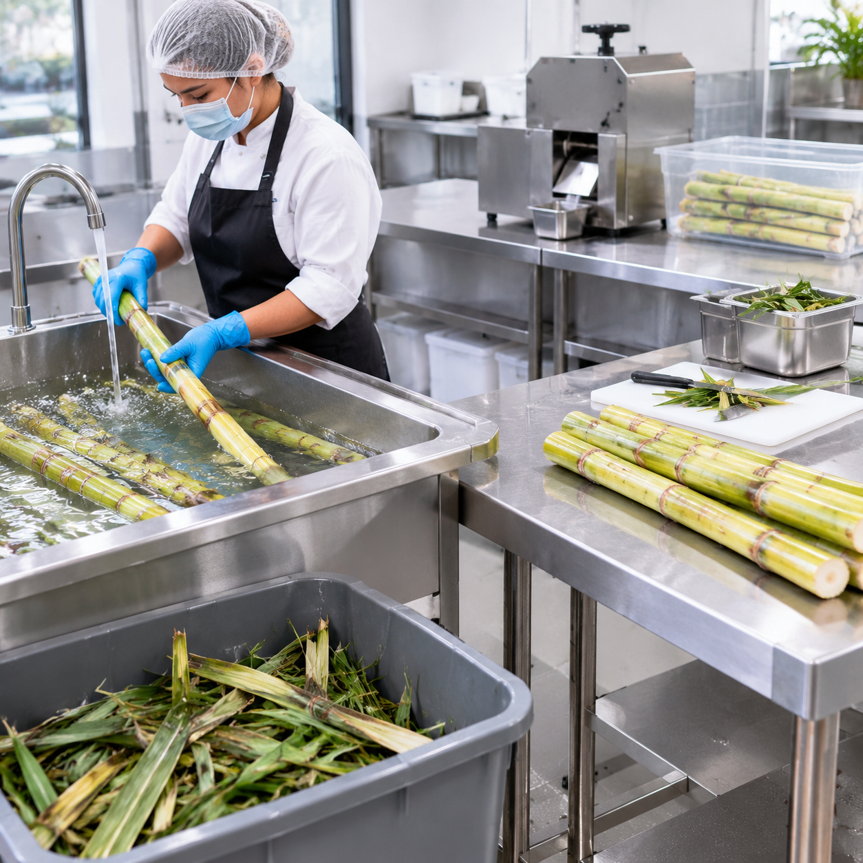 Commercial workstation for washing and trimming sugarcane