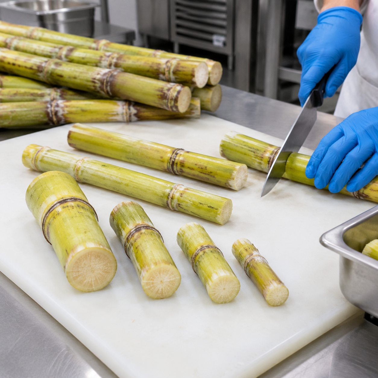 Sugarcane stalks cut into manageable sections for juicing