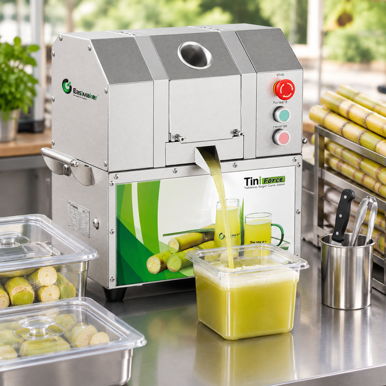 Clean commercial workstation ready for sugarcane juicing