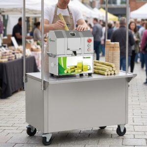 Commercial sugarcane juicer installed in a compact mobile juice cart
