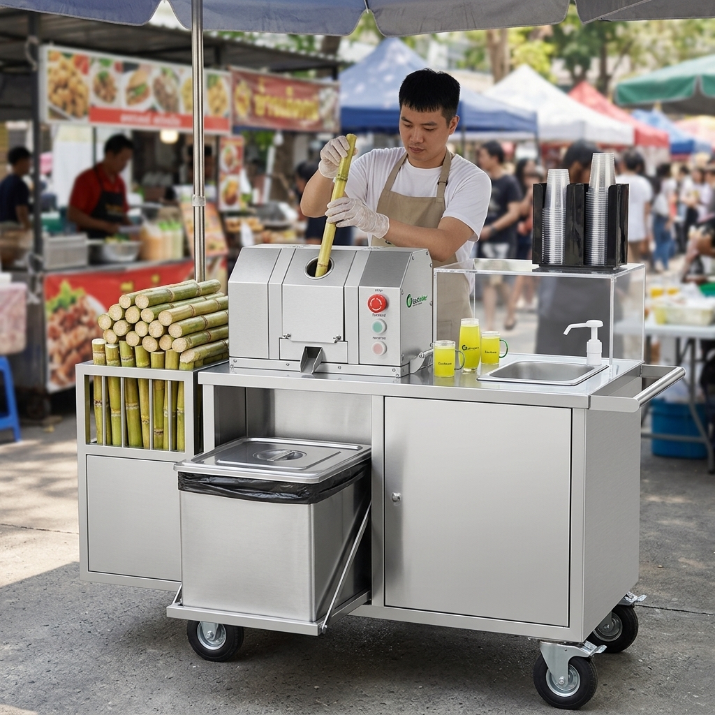 Compact mobile juice stand with organized service and storage areas