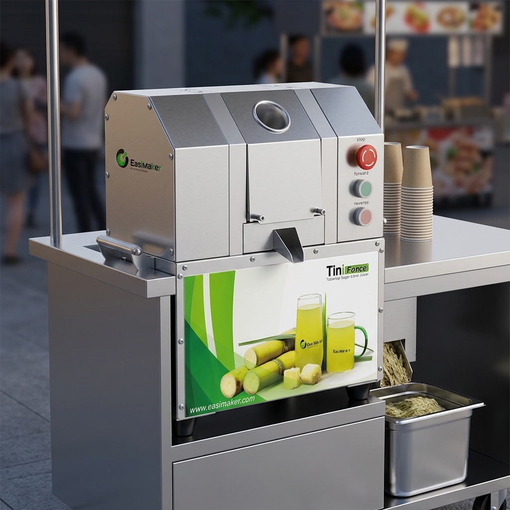 Commercial sugarcane juicer positioned on a mobile cart counter