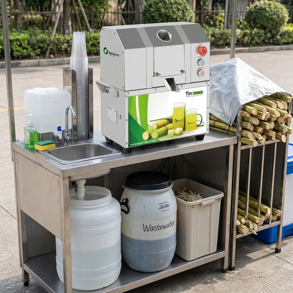 Hygiene, water and sugarcane storage areas in a mobile juice stand