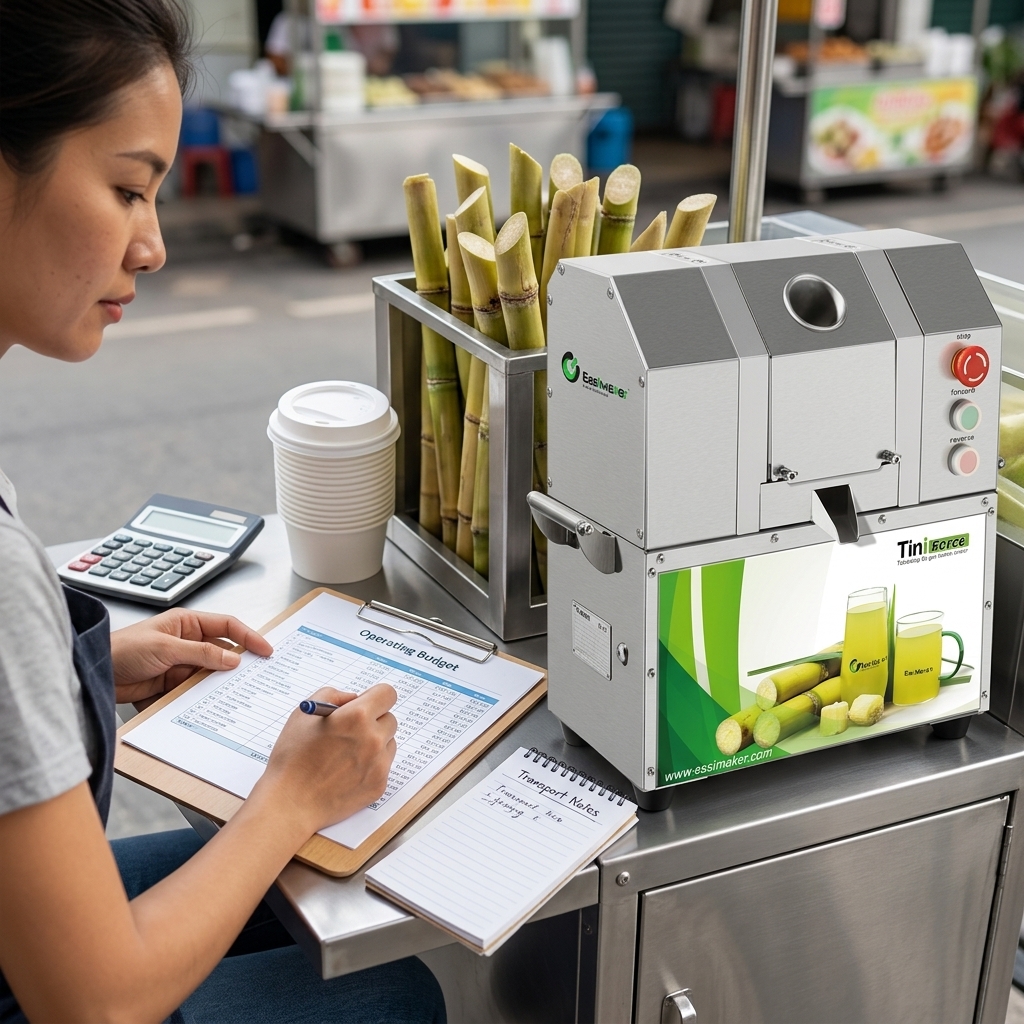 Business operator planning costs and menu pricing beside a mobile juice cart