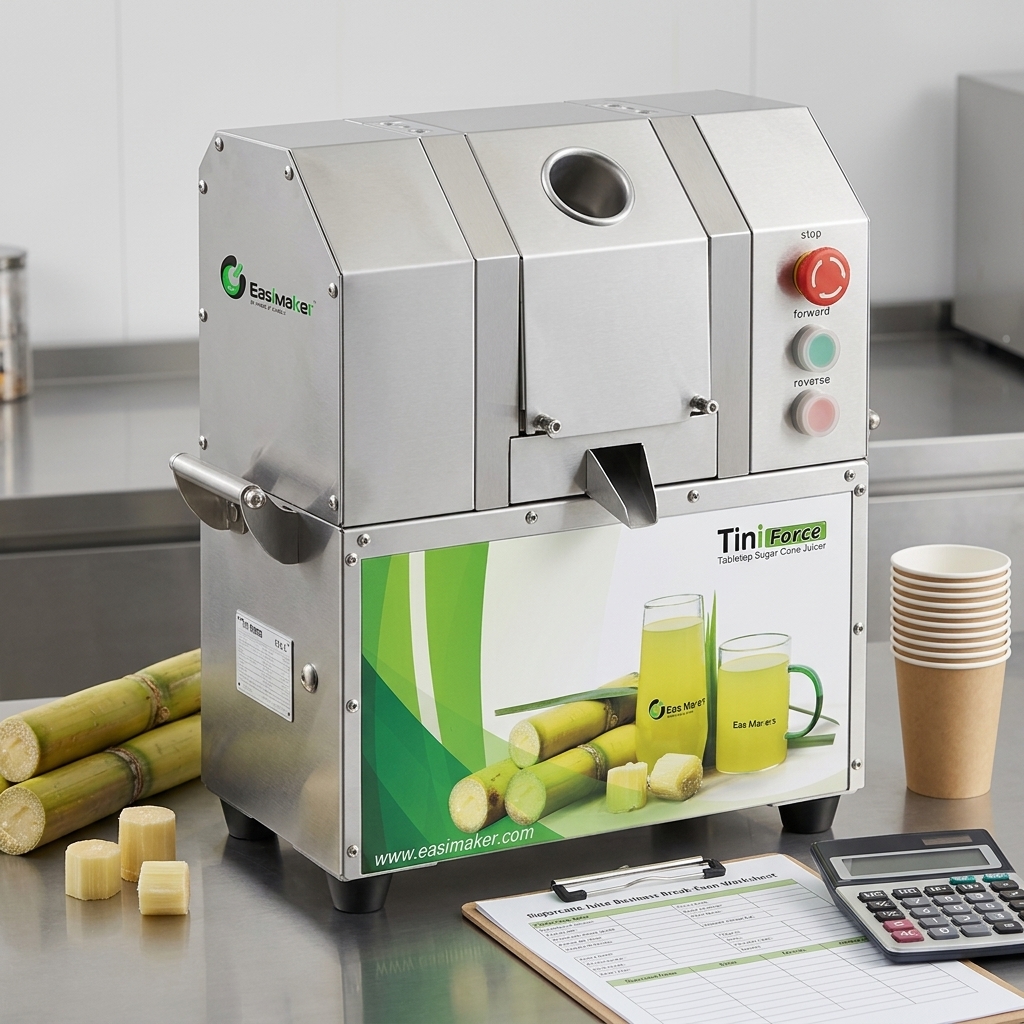 Commercial sugarcane juicer beside a break-even planning worksheet